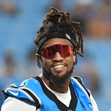 Aug 25, 2023; Charlotte, North Carolina, USA; Carolina Panthers linebacker Shaq Thompson (7) on to the field before the game at Bank of America Stadium. Mandatory Credit: Bob Donnan-Imagn Images