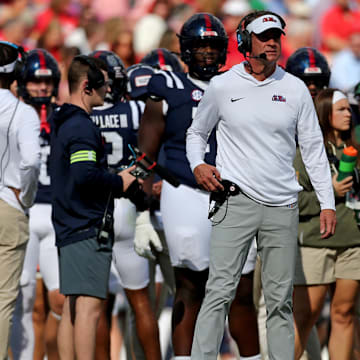 Nov 8, 2025; Oxford, Mississippi, USA; Mississippi Rebels head coach Lane Kiffin looks on during a time out during the first quarter against The Citadel Bulldogs at Vaught-Hemingway Stadium. Mandatory Credit: Petre Thomas-Imagn Images