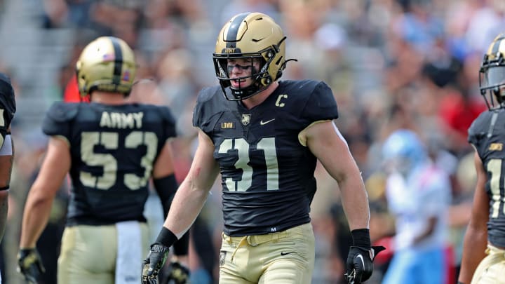 Sep 9, 2023; West Point, New York, USA; Army Black Knights linebacker Leo Lowin (31) during the first half against the Delaware State Hornets at Michie Stadium. Mandatory Credit: Danny Wild-USA TODAY Sports