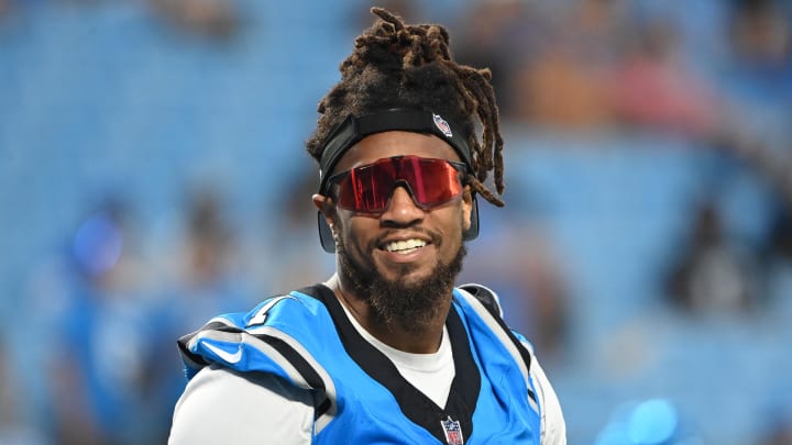 Aug 25, 2023; Charlotte, North Carolina, USA; Carolina Panthers linebacker Shaq Thompson (7) on to the field before the game at Bank of America Stadium. Mandatory Credit: Bob Donnan-USA TODAY Sports