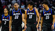 Jan 2, 2024; Storrs, Connecticut, USA; DePaul Blue Demons guard Elijah Fisher (22), guard Jaden Henley (10), forward Jeremiah Oden (25) and guard Jalen Terry (3) return up court against the Connecticut Huskies in the second half at Harry A. Gampel Pavilion. Mandatory Credit: David Butler II-Imagn Images
