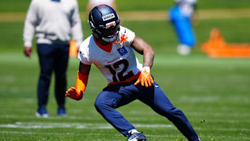May 10, 2025; Englewood, CO, USA; Denver Broncos cornerback Jahdae Barron (12) during rookie minicamp at Broncos Park Powered by CommonSpirit. 