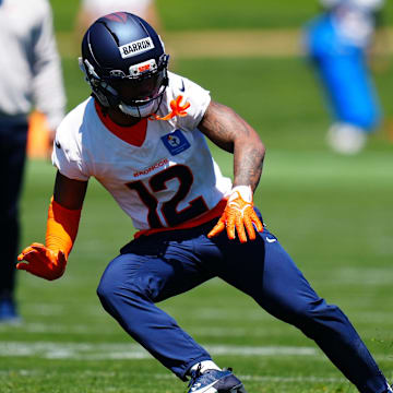May 10, 2025; Englewood, CO, USA; Denver Broncos cornerback Jahdae Barron (12) during rookie minicamp at Broncos Park Powered by CommonSpirit. 