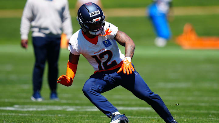 May 10, 2025; Englewood, CO, USA; Denver Broncos cornerback Jahdae Barron (12) during rookie minicamp at Broncos Park Powered by CommonSpirit. Mandatory Credit: Ron Chenoy-Imagn Images May 10, 2025; Englewood, CO, USA; Denver Broncos cornerback Jahdae Barron (12) during rookie minicamp at Broncos Park Powered by CommonSpirit. Mandatory Credit: Ron Chenoy-Imagn Images