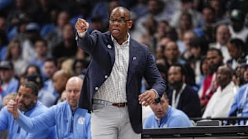 Dec 17, 2024; Charlotte, North Carolina, USA;  North Carolina Tar Heels head coach Hubert Davis during the first half against the Florida Gators at Spectrum Center. Mandatory Credit: Jim Dedmon-Imagn Images