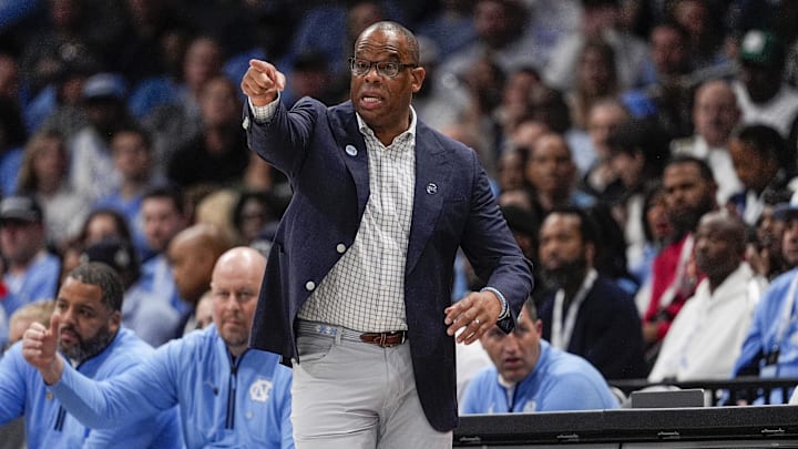 Dec 17, 2024; Charlotte, North Carolina, USA;  North Carolina Tar Heels head coach Hubert Davis during the first half against the Florida Gators at Spectrum Center. Mandatory Credit: Jim Dedmon-Imagn Images