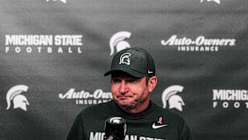 Michigan State head coach Jonathan Smith speaks at the post game press conference after 31-20 loss to Michigan at Spartan Stadium in East Lansing on Saturday, October 25, 2025.