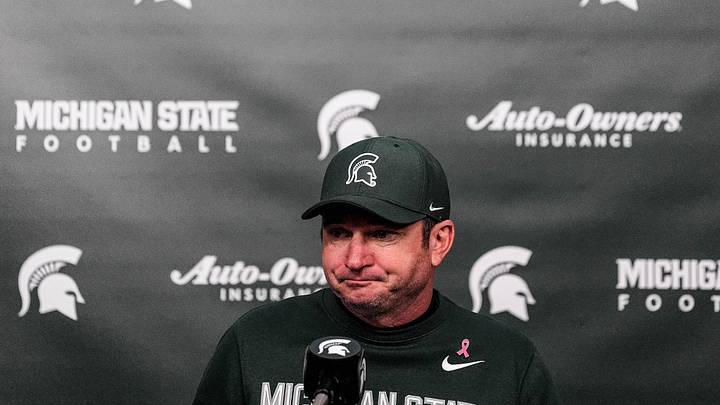 Michigan State head coach Jonathan Smith speaks at the post game press conference after 31-20 loss to Michigan at Spartan Stadium in East Lansing on Saturday, October 25, 2025.