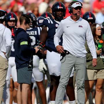 Nov 8, 2025; Oxford, Mississippi, USA; Mississippi Rebels head coach Lane Kiffin looks on during a time out during the first quarter against The Citadel Bulldogs at Vaught-Hemingway Stadium. Mandatory Credit: Petre Thomas-Imagn Images