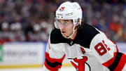 Feb 2, 2025; Buffalo, New York, USA;  New Jersey Devils center Jack Hughes (86) waits for the face-off during the third period against the Buffalo Sabres at KeyBank Center. Mandatory Credit: Timothy T. Ludwig-Imagn Images