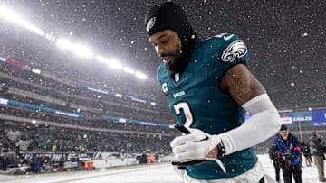 Philadelphia Eagles cornerback Darius Slay Jr. (2) runs off the field after a victory against the Los Angeles Rams in a 2025 NFC divisional round game at Lincoln Financial Field.