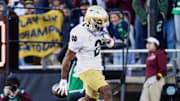 Nov 1, 2025; Chestnut Hill, Massachusetts, USA; Notre Dame Fighting Irish Wide Receiver Will Pauling (2) celebrates after scoring a touchdown in the second quarter against the Boston College Eagles at Alumni Stadium. 
