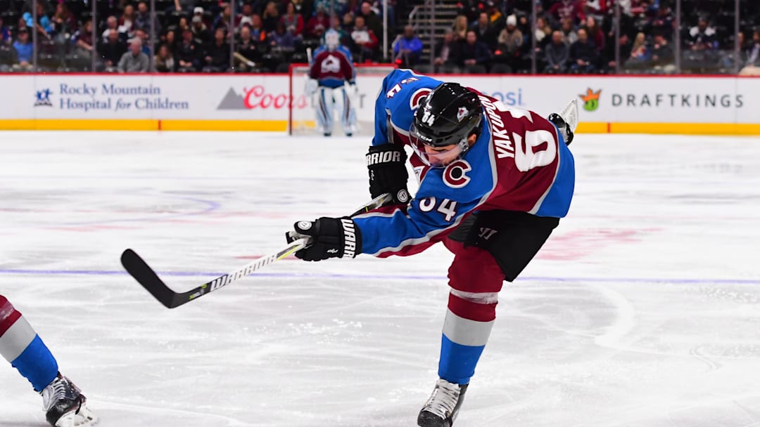 Feb 6, 2018; Denver, CO, USA; Colorado Avalanche right wing Nail Yakupov (64) shoots the puck in the second period against the San Jose Sharks at the Pepsi Center. Mandatory Credit: Ron Chenoy-Imagn Images