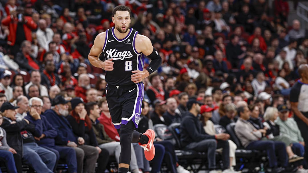 Oct 29, 2025; Chicago, Illinois, USA; Sacramento Kings guard Zach LaVine (8) reacts during the first half of an NBA game against the Chicago Bulls at United Center. Mandatory Credit: Kamil Krzaczynski-Imagn Images Oct 29, 2025; Chicago, Illinois, USA; Sacramento Kings guard Zach LaVine (8) reacts during the first half of an NBA game against the Chicago Bulls at United Center. Mandatory Credit: Kamil Krzaczynski-Imagn Images