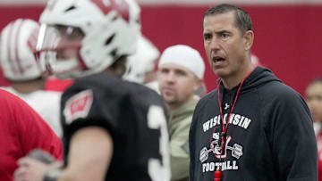 Wisconsin head coach Luke Fickell watches quarterback Carter Smith (3) during spring football practice Thursday, April 3, 2025 in Madison, Wisconsin. Mark Hoffman/Milwaukee Journal Sentinel