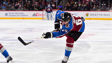 Feb 6, 2018; Denver, CO, USA; Colorado Avalanche right wing Nail Yakupov (64) shoots the puck in the second period against the San Jose Sharks at the Pepsi Center. Mandatory Credit: Ron Chenoy-Imagn Images