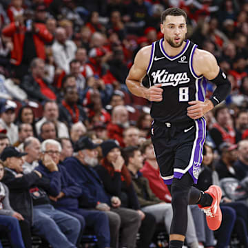 Oct 29, 2025; Chicago, Illinois, USA; Sacramento Kings guard Zach LaVine (8) reacts during the first half of an NBA game against the Chicago Bulls at United Center. Mandatory Credit: Kamil Krzaczynski-Imagn Images