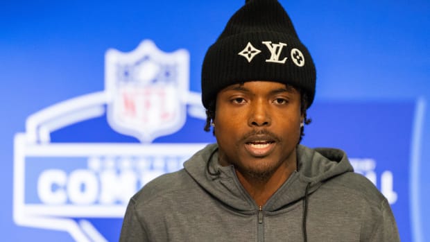 Oregon defensive back Khyree Jackson (DB16) talks to the media during the 2024 NFL Combine at Lucas Oil Stadium.