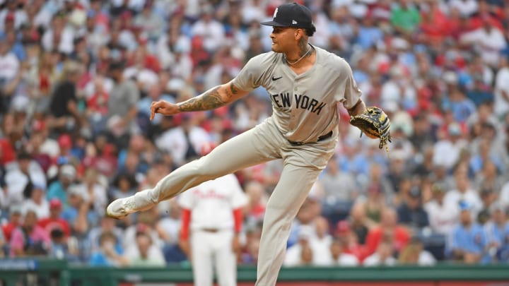 Jul 29, 2024; Philadelphia, Pennsylvania, USA; New York Yankees pitcher Luis Gil (81) throws a pitch against the Philadelphia Phillies during the fourth inning at Citizens Bank Park. Mandatory Credit: Eric Hartline-USA TODAY Sports