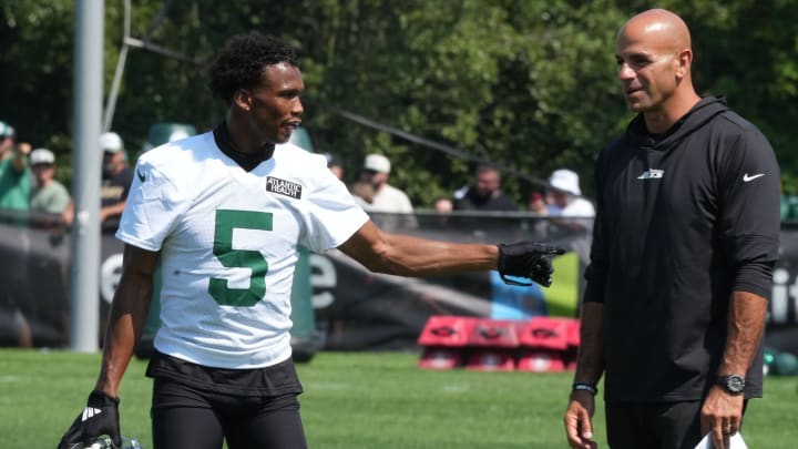 Florham Park, NJ -- July 27, 2024 -- Wide receiver, Garrett Wilson and head coach Robert Saleh during the New York Jets training camp this morning.