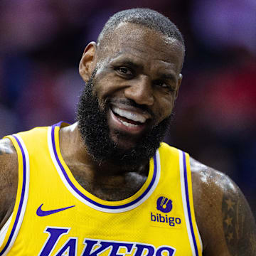 Nov 27, 2023; Philadelphia, Pennsylvania, USA; Los Angeles Lakers forward LeBron James (23) smiles after a Philadelphia 76ers foul during the first quarter at Wells Fargo Center. Mandatory Credit: Bill Streicher-Imagn Images