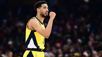 May 13, 2025; Cleveland, Ohio, USA; Indiana Pacers guard Tyrese Haliburton (0) celebrates after hitting a three point basket during the first half against the Cleveland Cavaliers in game five of the second round for the 2025 NBA Playoffs at Rocket Arena. Mandatory Credit: Ken Blaze-Imagn Images