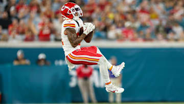 Kansas City Chiefs wide receiver Nikko Remigio (81) makes a catch against the Jacksonville Jaguars in the third quarter during preseason at EverBank Stadium.