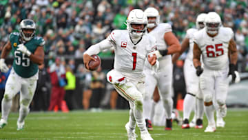 Dec 31, 2023; Philadelphia, Pennsylvania, USA; Arizona Cardinals quarterback Kyler Murray (1) runs with the football during the fourth quarter against the Philadelphia Eagles at Lincoln Financial Field. Mandatory Credit: Eric Hartline-Imagn Images