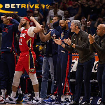 Dec 9, 2022; New Orleans, Louisiana, USA; New Orleans Pelicans bench reacts to a play against the Phoenix Suns during the second half at Smoothie King Center. Mandatory Credit: Stephen Lew-Imagn Images