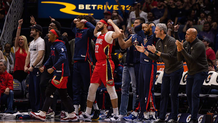Dec 9, 2022; New Orleans, Louisiana, USA; New Orleans Pelicans bench reacts to a play against the Phoenix Suns during the second half at Smoothie King Center. Mandatory Credit: Stephen Lew-Imagn Images Dec 9, 2022; New Orleans, Louisiana, USA; New Orleans Pelicans bench reacts to a play against the Phoenix Suns during the second half at Smoothie King Center. Mandatory Credit: Stephen Lew-Imagn Images