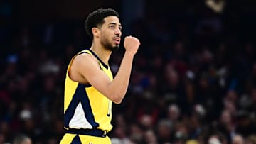 May 13, 2025; Cleveland, Ohio, USA; Indiana Pacers guard Tyrese Haliburton (0) celebrates after hitting a three point basket during the first half against the Cleveland Cavaliers in game five of the second round for the 2025 NBA Playoffs at Rocket Arena. Mandatory Credit: Ken Blaze-Imagn Images