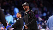 Dallas Mavericks guard Kyrie Irving looks on during the first quarter against the Brooklyn Nets.