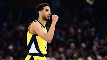  Indiana Pacers guard Tyrese Haliburton (0) celebrates after hitting a three point basket during the first half against the Cleveland Cavaliers in game five of the second round for the 2025 NBA Playoffs at Rocket Arena. Mandatory Credit: Ken Blaze-Imagn Images