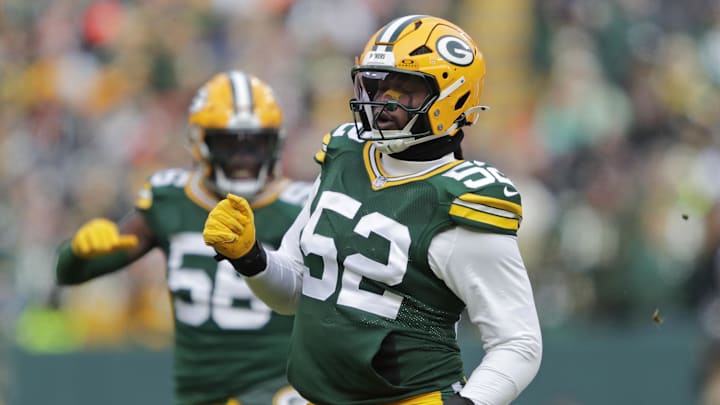 Jan 5, 2025; Green Bay, Wisconsin, USA; Green Bay Packers defensive end Rashan Gary (52) celebrates after sacking Chicago Bears quarterback Caleb Williams (18) in the first quarter at Lambeau Field. Mandatory Credit: Dan Powers USA TODAY NETWORK-Wisconsin