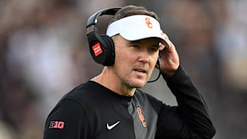 Sep 13, 2025; West Lafayette, Indiana, USA; Southern California Trojans head coach Lincoln Riley stands on the sidelines during the first quarter against the Purdue Boilermakers at Ross-Ade Stadium. Mandatory Credit: Marc Lebryk-Imagn Images