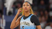 Jul 22, 2025; Minneapolis, Minnesota, USA; Chicago Sky forward Angel Reese (5) before the game against the Minnesota Lynx at Target Center. Mandatory Credit: Brad Rempel-Imagn Images