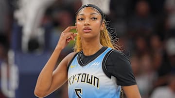 Jul 22, 2025; Minneapolis, Minnesota, USA; Chicago Sky forward Angel Reese (5) before the game against the Minnesota Lynx at Target Center. Mandatory Credit: Brad Rempel-Imagn Images
