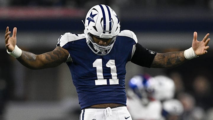 Dallas Cowboys linebacker Micah Parsons (11) celebrates after sacking Daniel Jones.