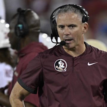 Sep 28, 2024; Dallas, Texas, USA; Florida State Seminoles head coach Mike Norvell during the game between the Southern Methodist Mustangs and the Florida State Seminoles at Gerald J. Ford Stadium. Mandatory Credit: Jerome Miron-Imagn Images