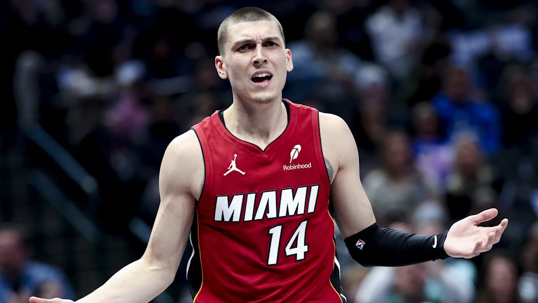 Feb 13, 2025; Dallas, Texas, USA;  Miami Heat guard Tyler Herro (14) reacts during the first half against the Dallas Mavericks at American Airlines Center. Mandatory Credit: Kevin Jairaj-Imagn Images