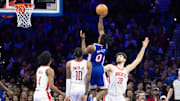 Jan 15, 2024; Philadelphia, Pennsylvania, USA; Philadelphia 76ers guard Tyrese Maxey (0) drives for a shot against Houston Rockets center Alperen Sengun (28) and forward Jabari Smith Jr. (10)  during the third quarter at Wells Fargo Center. Mandatory Credit: Bill Streicher-Imagn Images