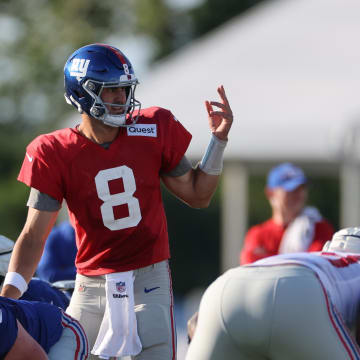 Aug 1, 2023; East Rutherford, NJ, USA; New York Giants quarterback Daniel Jones (8) participates in drills during training camp at the Quest Diagnostics Training Facility.   