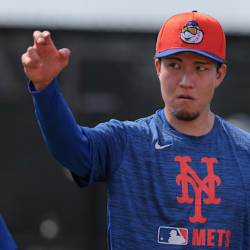 Feb 12, 2025; Port St. Lucie, FL, USA; New York Mets pitcher Kodai Senga (34) works during Spring Training workouts at Clover Park. Mandatory Credit: Sam Navarro-Imagn Images
