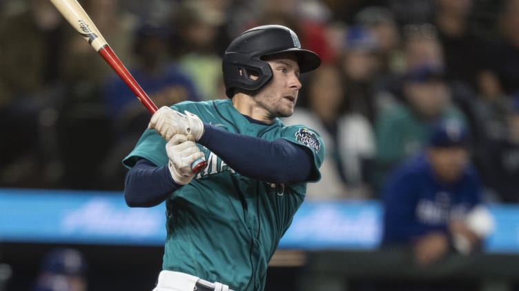 Sep 30, 2023; Seattle, Washington, USA; Seattle Mariners pinch hitter Jarred Kelenic (10) hits a