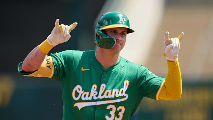 Aug 24, 2024; Oakland, California, USA; Oakland Athletics outfielder JJ Bleday (33) gestures toward the Oakland Athletics dugout after hitting a one run home run against the Milwaukee Brewers during the first inning at Oakland-Alameda County Coliseum.