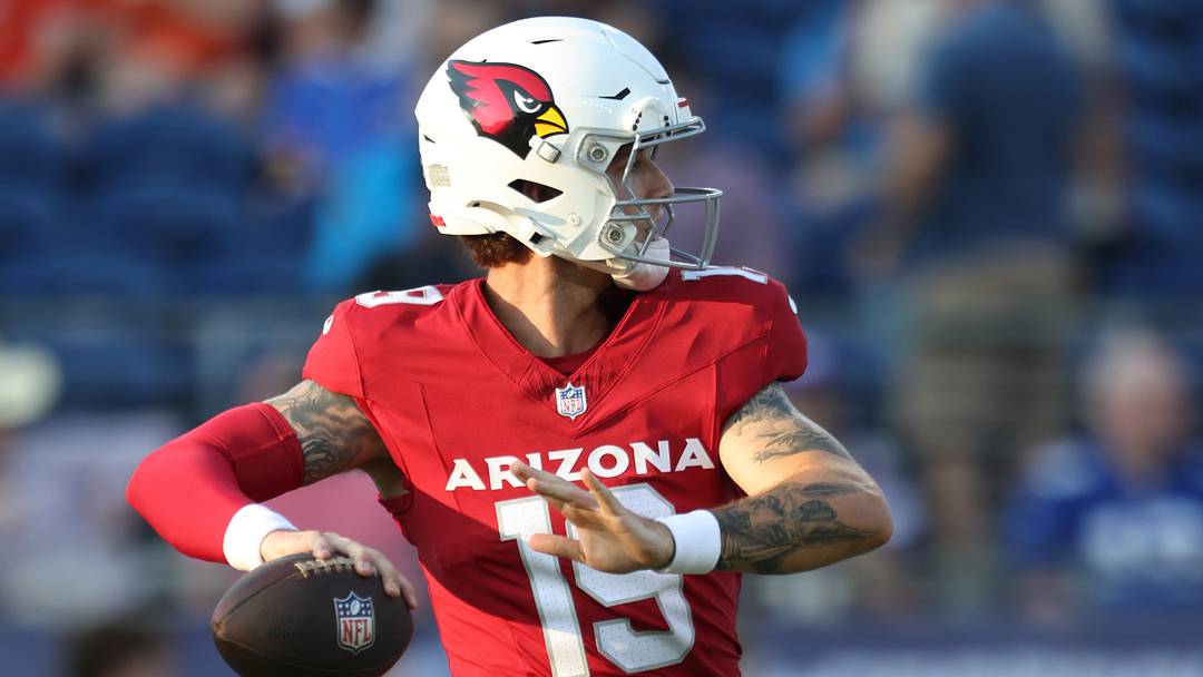 Aug 6, 2026; Canton, Ohio, USA;  Arizona Cardinals quarterback Carson Beck (19) warms up before playing the the Carolina Panthers at Tom Benson Hall of Fame Stadium. Mandatory Credit: Charles LeClaire-Imagn Images