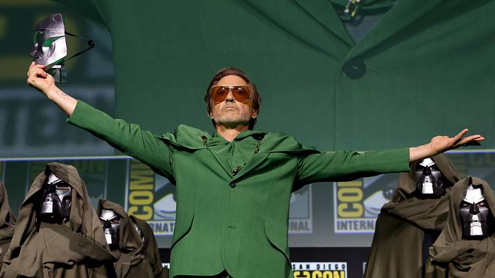 Robert Downey Jr. speaks onstage during the Marvel Studios Panel in Hall H at SDCC in San Diego, California on July 27, 2024