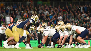 Aug 26, 2023; Dublin, IRL; The Notre Dame Fighting Irish and the Navy Midshipmen prepare for the snap in the second half at Aviva Stadium. 