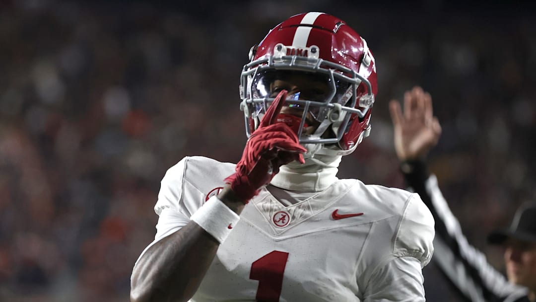 Alabama Crimson Tide wide receiver Isaiah Horton reacts after scoring a touchdown during the first half against the Auburn Tigers at Jordan-Hare Stadium. 