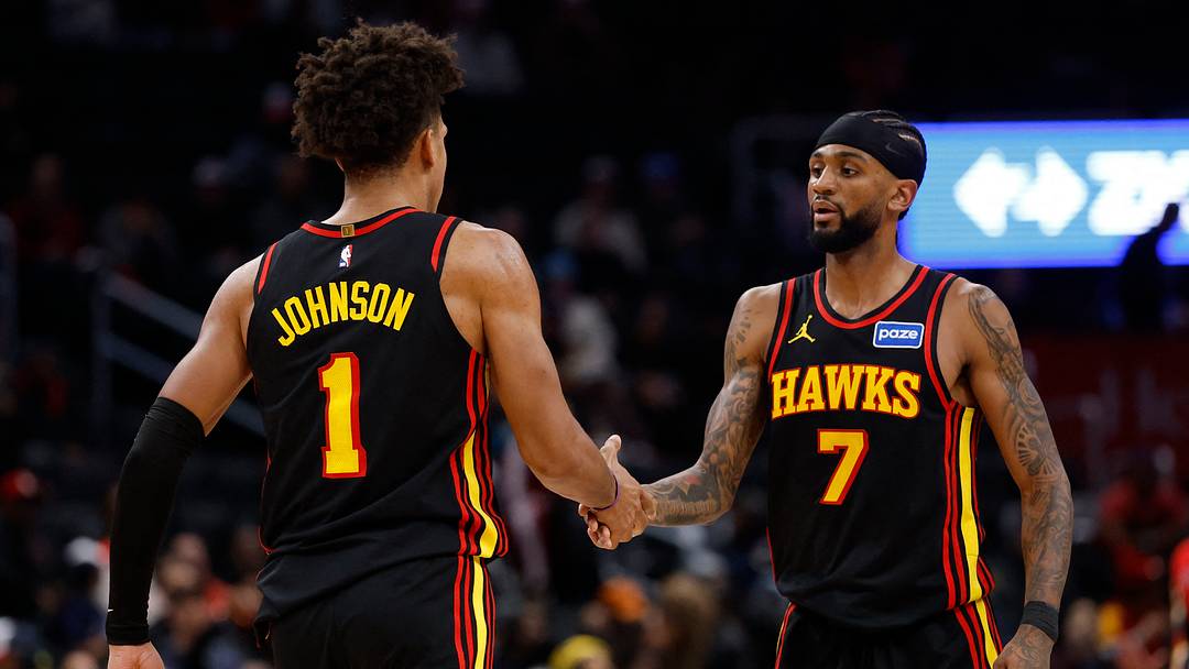 Dec 6, 2025; Washington, District of Columbia, USA; Atlanta Hawks forward Jalen Johnson (1) celebrates with Hawks guard Nickeil Alexander-Walker (7) after scoring while being fouled against the Washington Wizards in the second half at Capital One Arena. Mandatory Credit: Geoff Burke-Imagn Images Dec 6, 2025; Washington, District of Columbia, USA; Atlanta Hawks forward Jalen Johnson (1) celebrates with Hawks guard Nickeil Alexander-Walker (7) after scoring while being fouled against the Washington Wizards in the second half at Capital One Arena. Mandatory Credit: Geoff Burke-Imagn Images